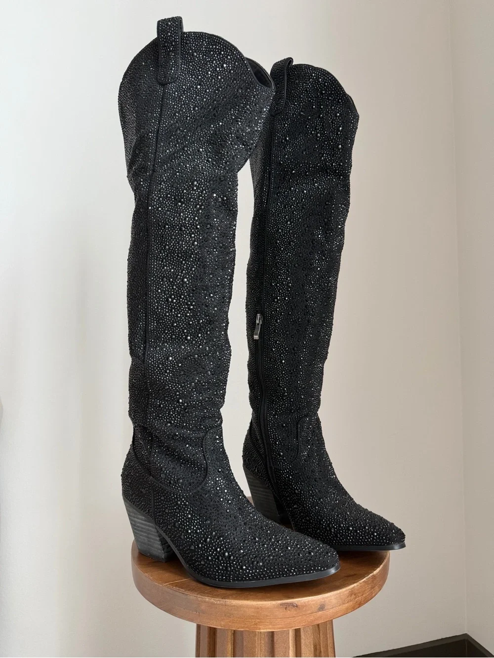 Over-the-Knee Black Rhinestone Embellished Boots